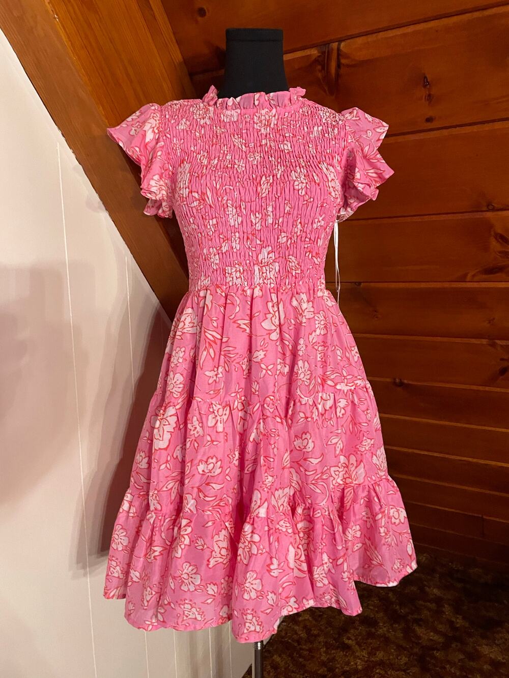 NWT J. Marie Pink Floral Mini Dress Tiered Ruffle Skirt & Flutter Sleeves sz S